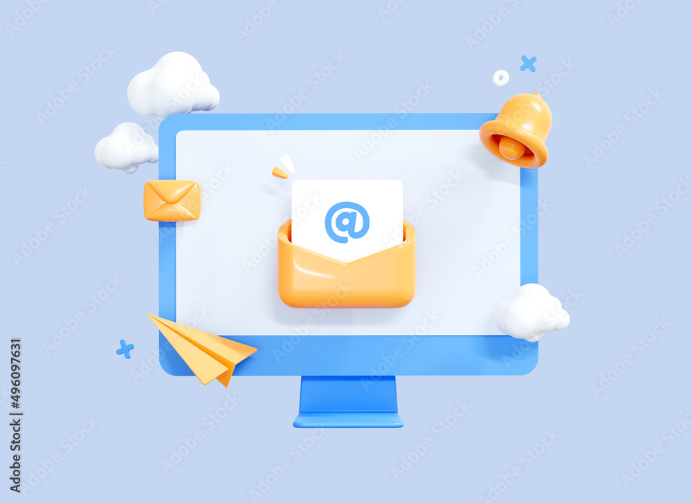 Fototapete subscribe to newsletter. 3d cartoon computer with letter in envelope on monitor screen. email market