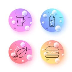 Mint leaves, Burger and Water bottle minimal line icons. 3d spheres or balls buttons. Coffee cup icons. For web, application, printing. Mentha herbal, Hamburger food, Soda drink. Latte drink. Vector