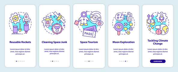 Space technologies onboarding mobile app screen. Exploration walkthrough 5 steps graphic instructions pages with linear concepts. UI, UX, GUI template. Myriad Pro-Bold, Regular fonts used