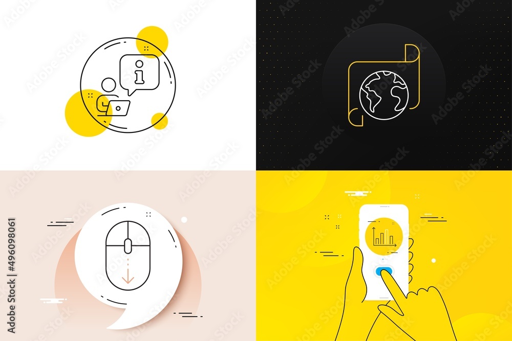 Poster minimal set of translation service, scroll down and diagram graph line icons. phone screen, quote ba
