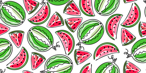 Cute seamless pattern for different kinds of printing. Sweet, juicy slices of watermelon. The doodles are drawn in black in a line with colored spots.