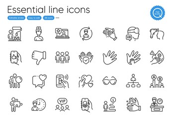 Dislike hand, Clapping hands and Dirty mask line icons. Collection of Wash hands, Like app, Ab testing icons. Social responsibility, Working hours, Delivery app web elements. Heart. Vector