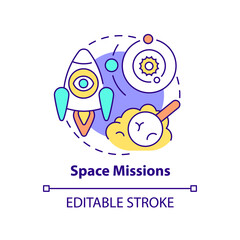 Space missions concept icon. Scientific research. Spacetech trend abstract idea thin line illustration. Isolated outline drawing. Editable stroke. Arial, Myriad Pro-Bold fonts used