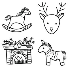simple doodle illustration of christmas toys - deer, horse, fireplace. Vector illustration
