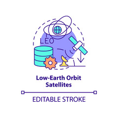 Low-earth orbit satellites concept icon. Telecommunication system. Spacetech trend abstract idea thin line illustration. Isolated outline drawing. Editable stroke. Arial, Myriad Pro-Bold fonts used
