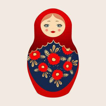 Russian Matryoshka. Traditional Russian folklore dolls with big eyes and lips. Babushka doll with hohloma, traditional painted floral pattern. Hand drawn vector illustration