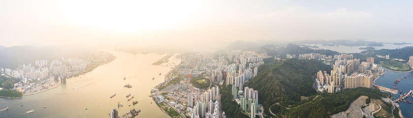 Epic Aerial view of public graveyard area in Junk Bay and Yau Tong East of Hong Kong