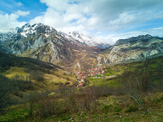 Naklejka premium view of the town of Sotres, Picos de Europa, Asturias, Spain, famous for the manufacture of Cabrales cheese and the beautiful landscapes