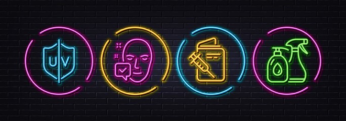 Obraz premium Uv protection, Vaccination passport and Face accepted minimal line icons. Neon laser 3d lights. Cleaning liquids icons. For web, application, printing. Ultraviolet, Vaccine doc, Access granted. Vector