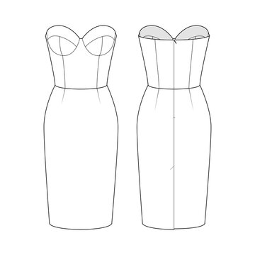 Fashion flat sketch bustier dress. Fashion technical drawing of dress 