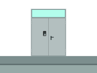 Metal door with intercom and pavement on white background