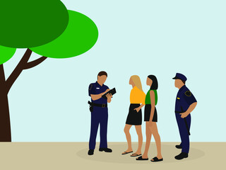 Two police officers and two young female characters outdoors