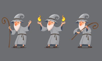 Wizard in different poses. Old magic character in cartoon style.