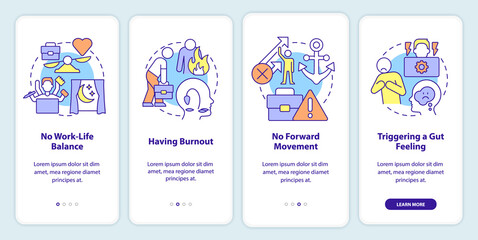 Toxic work environment signs onboarding mobile app screen. Walkthrough 4 steps graphic instructions pages with linear concepts. UI, UX, GUI template. Myriad Pro-Bold, Regular fonts used