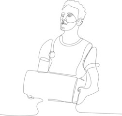 Delivery guy employee man in red cap white t-shirt vest uniform sterile face mask gloves work courier service on lockdown coronavirus flu virus hold laptop pc tablet isolated. Vector illustration