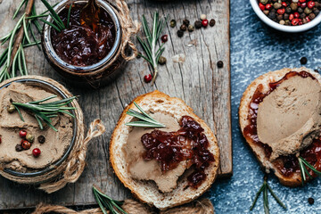 Homemade duck liver pate with red onion jam. Gourmet appetizers, Assorted Italian appetizer...