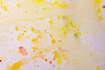 Obraz na płótnie Canvas paints on a white sheet of paper. drops of yellow, green, orange color. background and texture of watercolor paints.