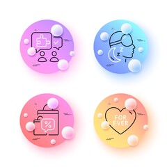Insomnia, For ever and Sale bags minimal line icons. 3d spheres or balls buttons. Puzzle icons. For web, application, printing. Sleeping goggles, Love sweetheart, Discount chat bubble. Vector