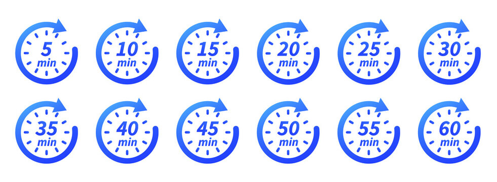 10, 15, 20, 25, 30, 35, 40, 45, 50, 55, 60 min. Timer, clock, stopwatch isolated set icons. Vector logo