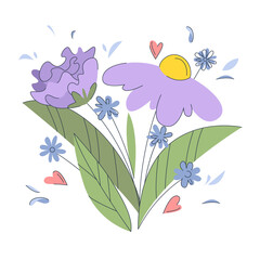 Cute spring flowers with small daisies with leaves in pastel colors. Spring purple and blue flowers in white background. Beautiful vector illustration of flowers. Spring concept.