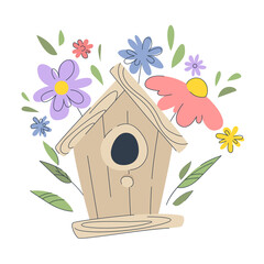 Cute birdhouse on the background of spring flowers. Wooden house for birds. Spring concept. Vector illustration.