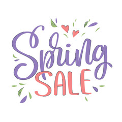 Spring SALE lettering with leaves and hearts. Cute bright lettering in pastel colors. Text print. Lettering for Sale bsnners. Vector illustration. - 496101071
