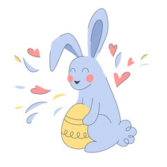Cute blue Easter bunny with Easter egg. Spring concept. Cute Easter Spring illustration. Vector illustration in a flat style. Easter concept. - 496101074