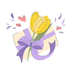 Cute tulip on a gift box in pastel colors. Spring yellow tulip and present. Flower present. Spring concept. - 496101075