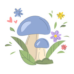 Cute mushrooms with small flowers on background in pastel colors. Spring beautiful vector illustration of mushrooms. Spring concept. - 496101076