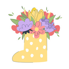 Cute bouquet of flowers with leaves  in a yellow polka dot rubber boot. Beautiful spring flowers in a cute rubber boot. Garden concept. Spring concept. - 496101079