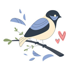 Spring bird is sitting on the branch and leaves. Spring concept. Colorful Spring illustration. Bird on branch. Vector illustration in a flat style. Easter - 496101080