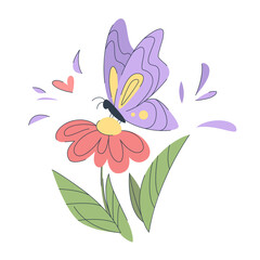 Obraz na płótnie Canvas Cute butterfly with a beautiful flower in pastel colors. Spring pink flower with butterfly on it. Beautiful vector illustration of butterfly on flower. Spring concept.