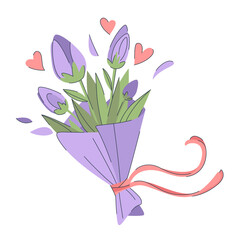 Cute bouquet of flowers with leaves and hearts in pastel colors. Spring purple tulips and branches in beautiful purple bouquet. Flower present. Spring concept.