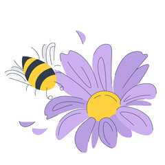 Cute bee with a big daisy flower in pastel colors. Spring purple flower with bee on it. Beautiful vector illustration of bee on flower. Spring concept. - 496101085
