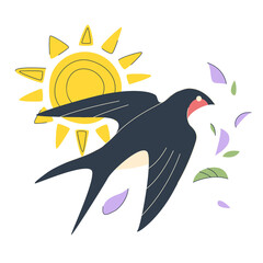 Swallow is flying on the background of the sun and leaves. Spring concept. Colorful Spring illustration. Bird in flight is on white background. Vector illustration in a flat style. Easter - 496101087