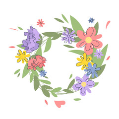 Cute wreath with flowers, leaves and branches in pastel colors. Spring flowers and branches in beautiful wreath. Spring natural accessory. Spring concept. Vector circle frame for text. - 496101088