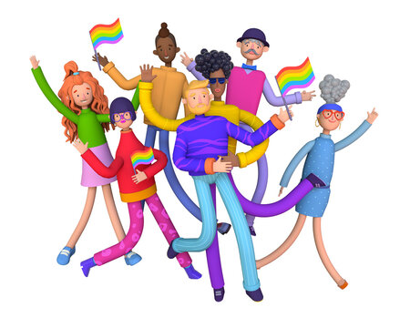 Big group of diverse cartoon people participating in a pride parade. LGBT community, Social diversity, gay relationship, large LGBT family group. Trendy 3d illustration.