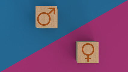 Male and female symbols,  wooden blocks with symbols 3d rendered icon 