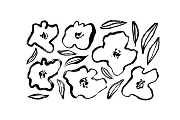 Black ink drawing flowers, monochrome artistic botanical illustration isolated on white background. Hand drawn floral vector elements with leaves. Tiny brush strokes. Chamomile and daisy cliparts. 