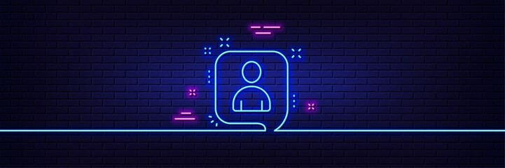 Neon light glow effect. Developers chat line icon. Business management sign. Speech bubble symbol. 3d line neon glow icon. Brick wall banner. Developers chat outline. Vector
