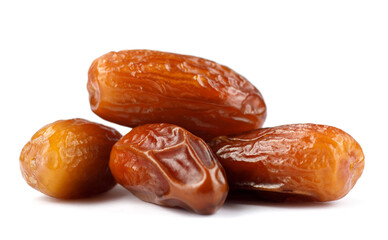 Several delicious dried dates are isolated on a white background. Full clipping path.