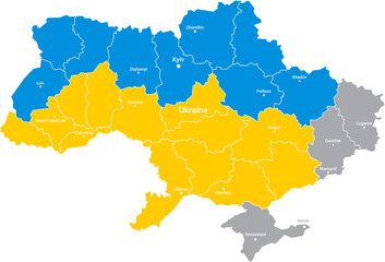 Obraz premium Geographical map of Ukraine with the borders of its constituent regions and the names of the main cities, a vector with the possibility of repainting each region