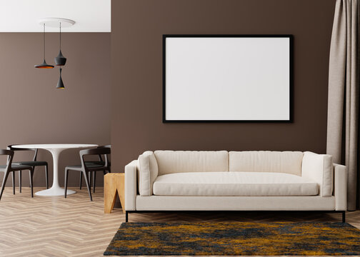 Empty black picture frame on brown wall in modern living room. Mock up interior in contemporary style. Free space, copy space for your picture, poster. Sofa, table, carpet. 3D rendering.
