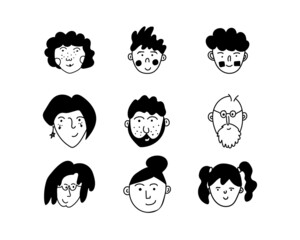 Set of people avatars in doodle style. 9 portraits of boys, men, girls, women, transgender people. Different ages. stickers for design, messengers and social networks. Vector illustration, hand drawn