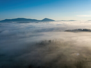 Morning fog in the Ukrainian Carpathians. Aerial drone view.