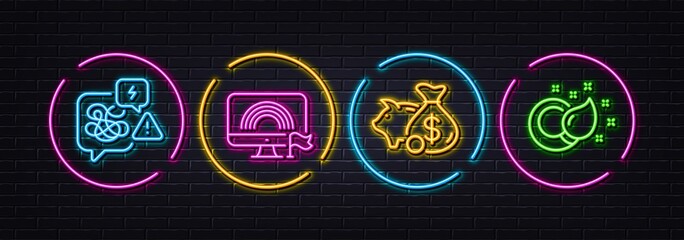 Lgbt, Piggy bank and Stress minimal line icons. Neon laser 3d lights. Paint brush icons. For web, application, printing. Rainbow flag, Dollar investment, Messy anxiety. Creativity. Vector
