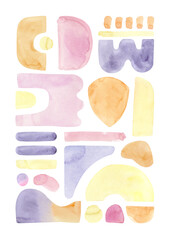 Abstract hand painted boho shapes painting, modern pastel coloured paint, watercolour background isolated on white background. Fun and creative colourful geometry shapes