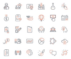 Education icons set. Included icon as Opinion, Justice scales and Cloud protection web elements. Dj controller, Calendar graph, Chemistry lab icons. Checkbox, Safe time. Vector