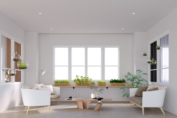 Obraz na płótnie Canvas 3d rendering,3d illustration, Interior Scene and Mockup,Natural living corner, sofa set and armchair, leaning wall, handcrafted white, natural color wooden center table.