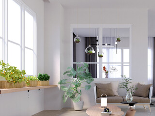 3d rendering,3d illustration, Interior Scene and  Mockup,The seating area is a two-seater sofa upholstered in light brown fabric and white handcrafted weaves on the backrest.